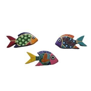 Set Of 3 Handpainted Wooden Fish From Mexico